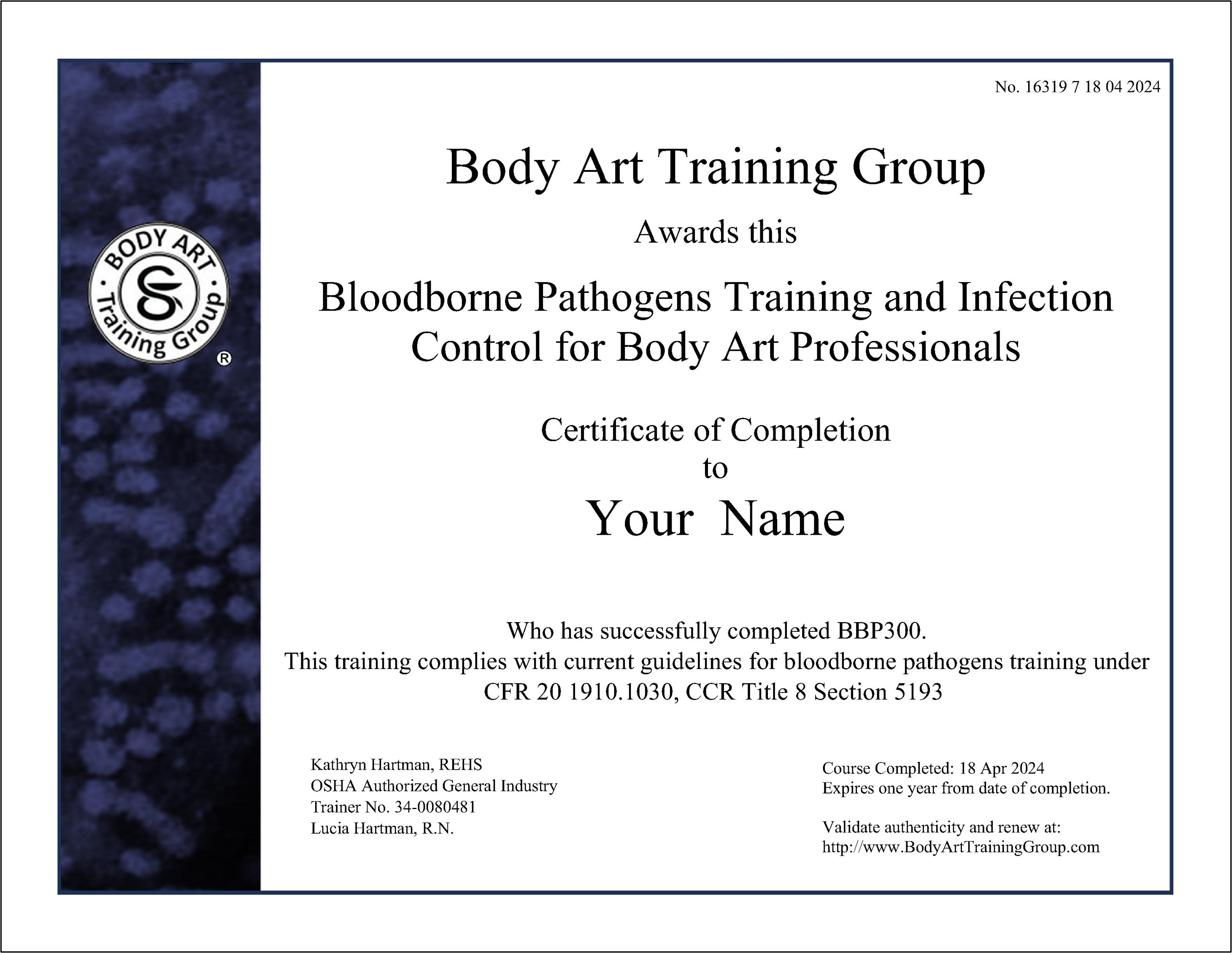 OSHA bloodborne pathogens training certificate by Body Art Training Group for tattoo artists, permanent makeup and body piercing